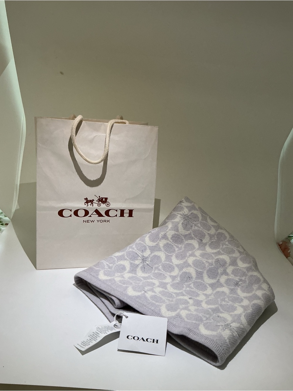 COACH Light Gray & Cream Signature Jacquard Scarf look pictures